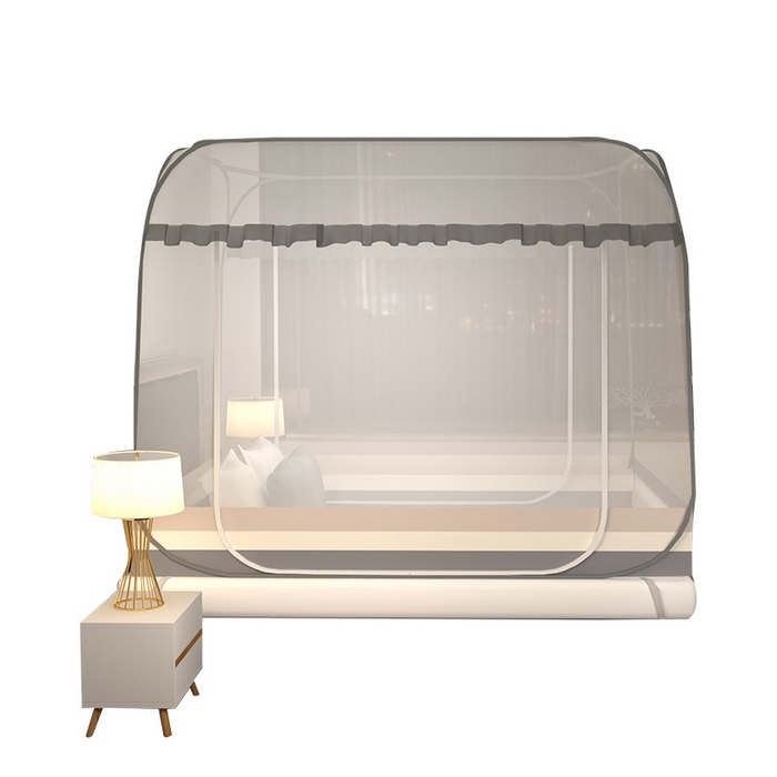 91家纺网 家纺一手货源 找家纺 青竹苑 2025新款免安装大顶魔术蚊帐 条纹灰