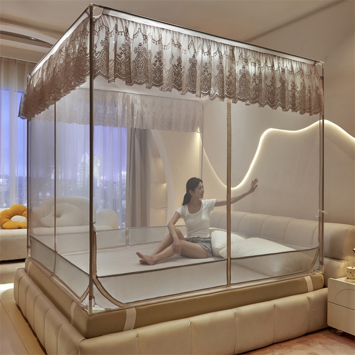 91家纺网 家纺一手货源 找家纺 青竹苑 2025新款花边TU拉链外穿全底坐床蚊帐 月光灰