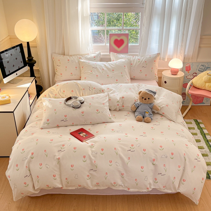 91家纺网 家纺一手货源 找家纺 博雅 2025新款全棉A类双层纱四件套 花园萌兔