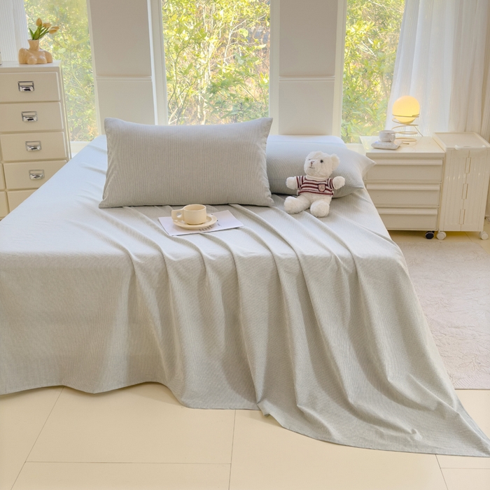 91家纺网 家纺一手货源 找家纺 柠萌家居 2025新款无印风全棉色织A类母婴级纯棉水洗棉床单 绿极细条