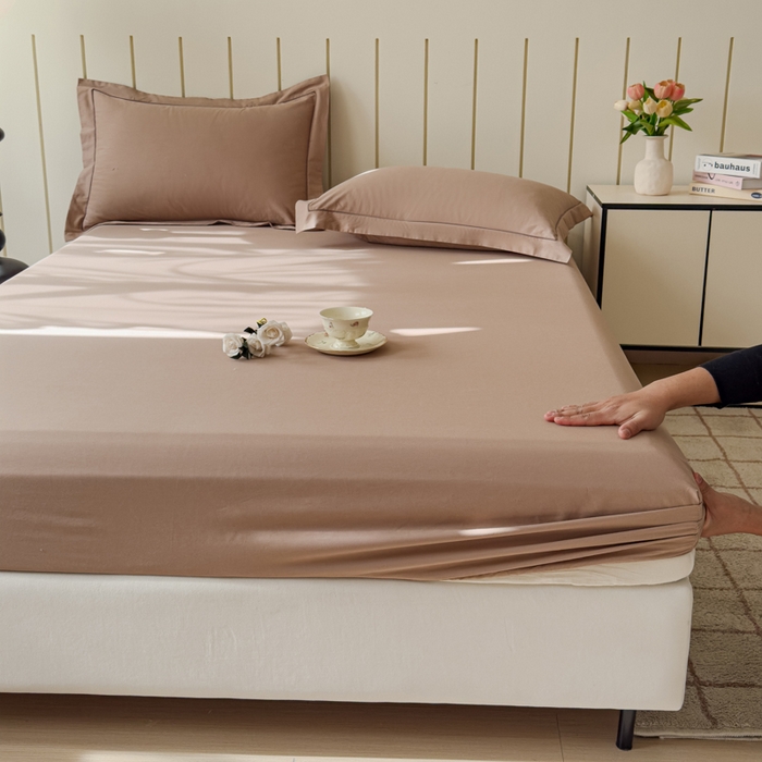 91家纺网 家纺一手货源 找家纺 2025床笠全棉纯色床笠双拼简约床笠三件套可定制 摩卡