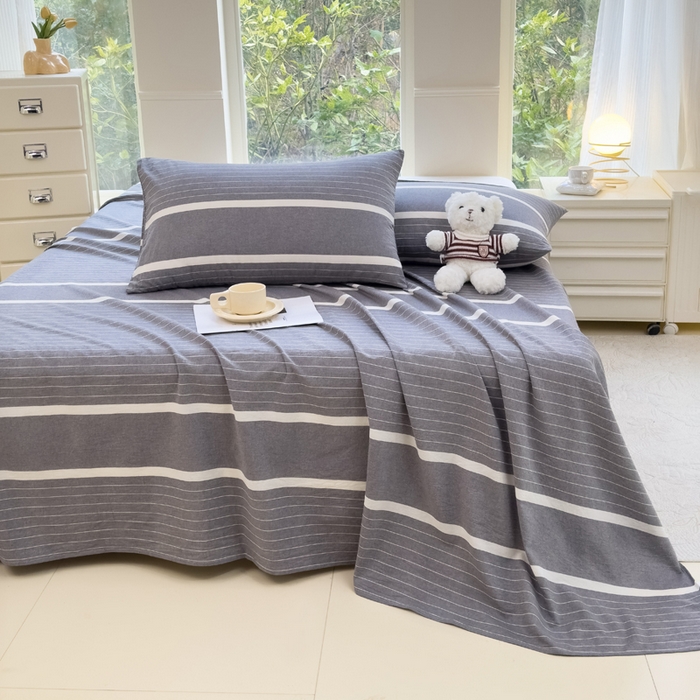 91家纺网 家纺一手货源 找家纺 柠萌家居 2025新款无印风全棉色织A类母婴级纯棉水洗棉床单 光阴灰