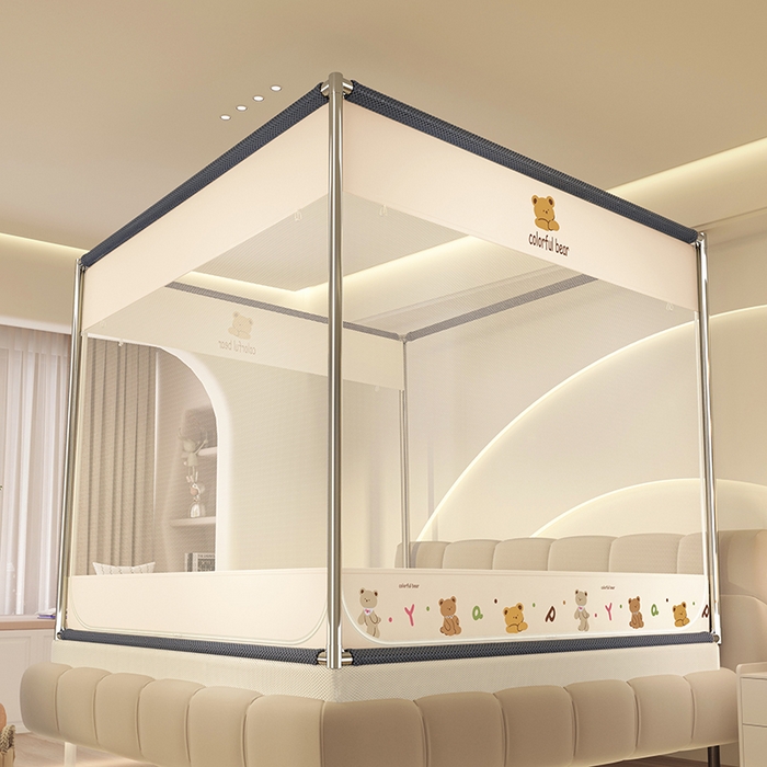 91家纺网 家纺一手货源 找家纺 青竹苑 2025新款三门大版上下布印花外穿坐床蚊帐床笠式防摔方帐 嘟嘟熊