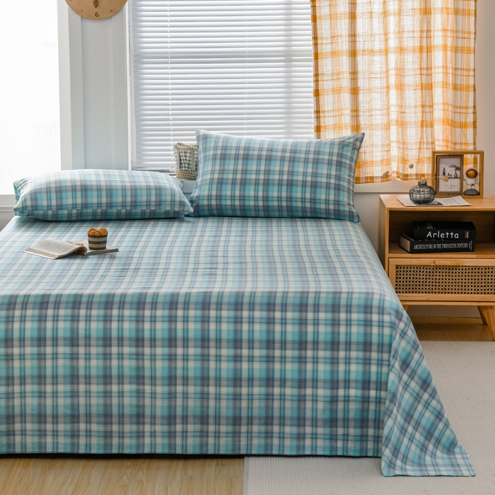 91家纺网 家纺一手货源 找家纺 柠萌家居 2025新款无印风全棉色织A类母婴级纯棉水洗棉床单 简爱绿格