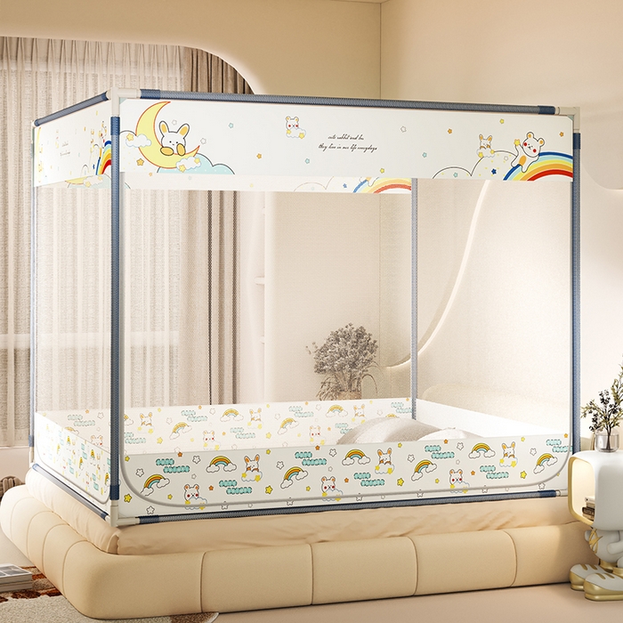 91家纺网 家纺一手货源 找家纺 青竹苑 2025新款三门大版上下布印花外穿坐床蚊帐床笠式防摔方帐 萌萌兔