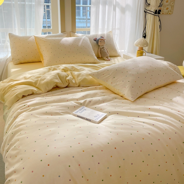 91家纺网 家纺一手货源 找家纺 仟网汇 2025新款针织双层纱AB版四件套 七彩波点