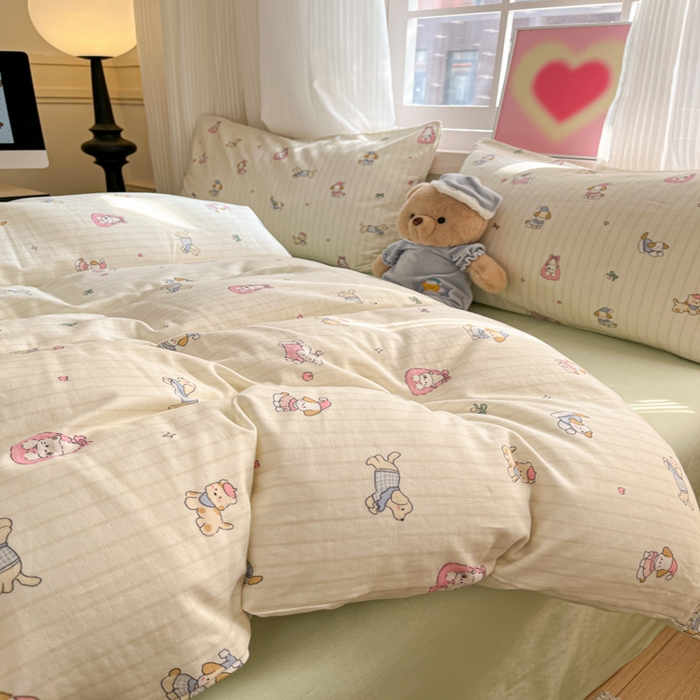 91家纺网 家纺一手货源 找家纺 博雅 2025新款全棉A类双层纱四件套 哈哈狗