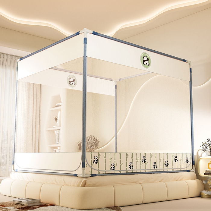 91家纺网 家纺一手货源 找家纺 青竹苑 2025新款三门大版上下布印花外穿坐床蚊帐床笠式防摔方帐 竹子熊