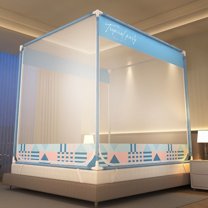 91家纺网 家纺一手货源 找家纺 青竹苑 2025新款双门全底外穿坐床式蚊帐儿童防摔防蚊拉链方帐 几何图案-梦光蓝