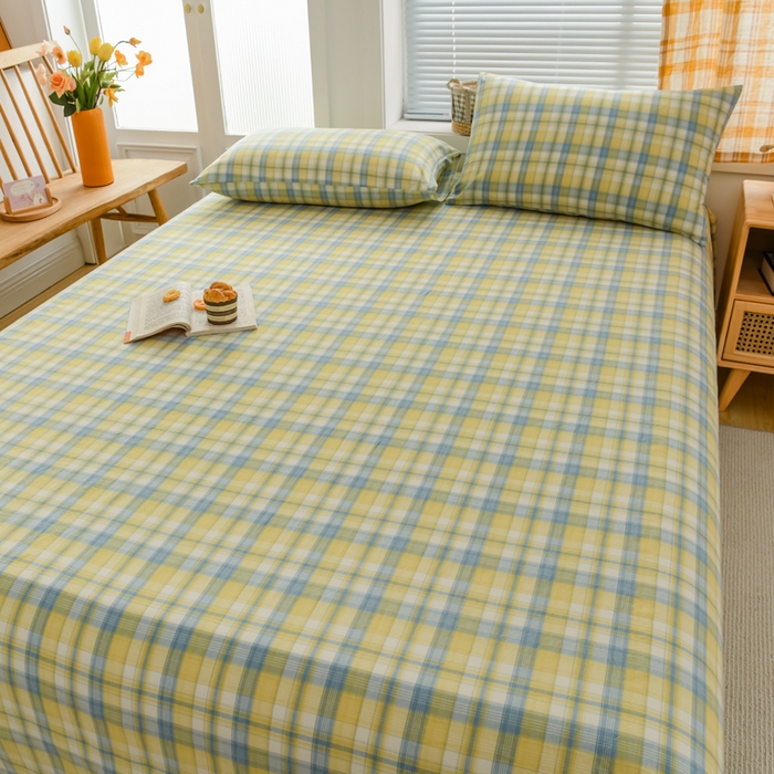 91家纺网 家纺一手货源 找家纺 柠萌家居 2025新款无印风全棉色织A类母婴级纯棉水洗棉床单 简爱黄格