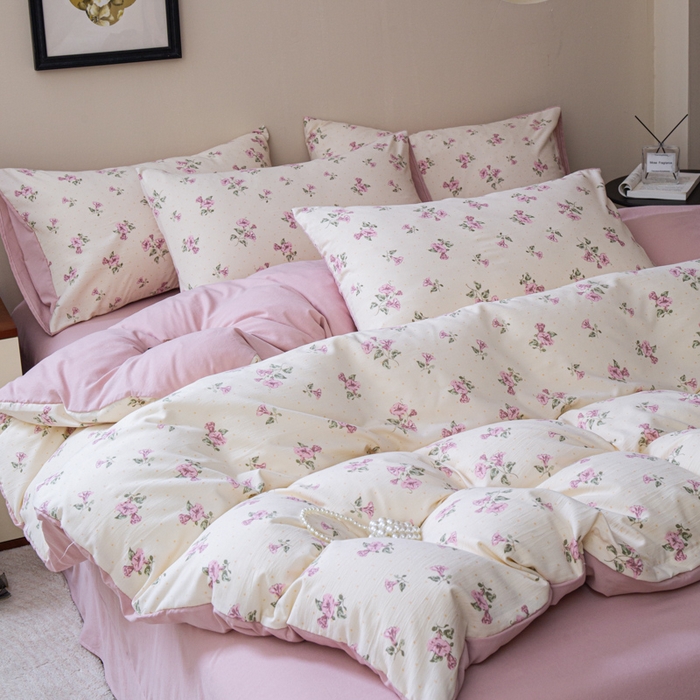 91家纺网 家纺一手货源 找家纺 利禾家纺 2025新款针织天竺棉水洗棉四件套被套学生宿舍三件套床单款 牵牛花