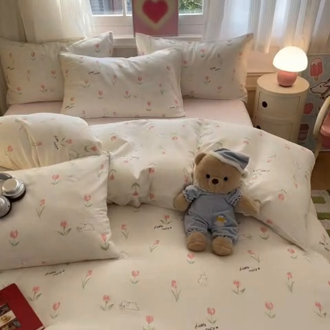 91家纺网 家纺一手货源 找家纺 博雅 2025新款全棉A类双层纱四件套 花园萌兔