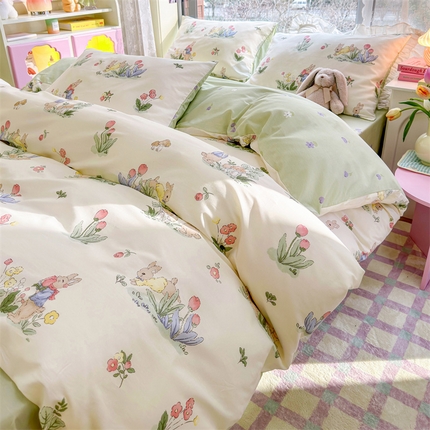 91家纺网 家纺一手货源 找家纺 名兮家居 2025年新款13372全棉印花四件套-卡通系列 蘑菇小兔