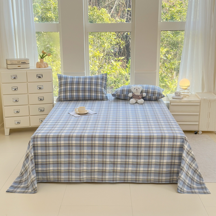 91家纺网 家纺一手货源 找家纺 柠萌家居 2025新款无印风全棉色织A类母婴级纯棉水洗棉床单 简兮蓝