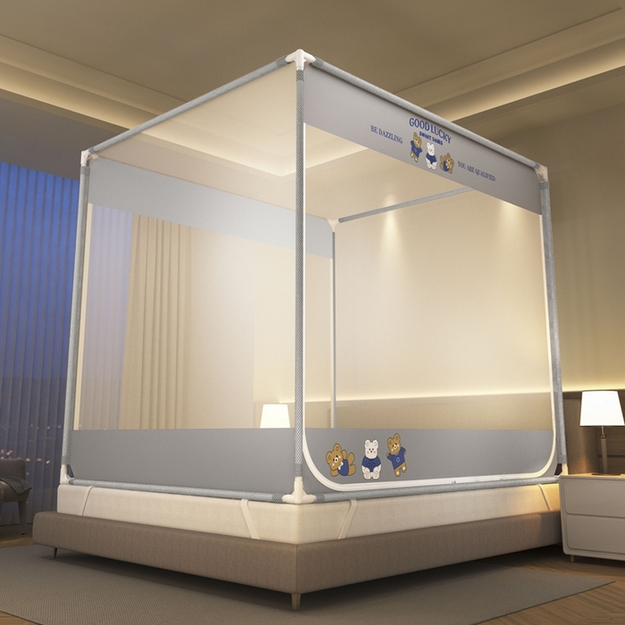 91家纺网 家纺一手货源 找家纺 青竹苑 2025新款双门全底外穿坐床式蚊帐儿童防摔防蚊拉链方帐 卡通-三只熊