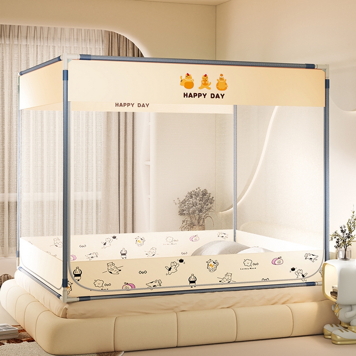 91家纺网 家纺一手货源 找家纺 青竹苑 2025新款三门大版上下布印花外穿坐床蚊帐床笠式防摔方帐 你好喵呀