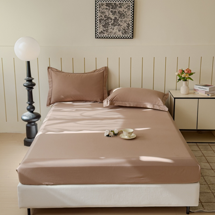 91家纺网 家纺一手货源 找家纺 2025床笠全棉纯色床笠双拼简约床笠三件套可定制 摩卡