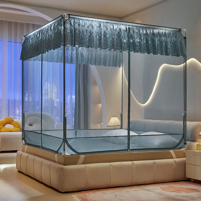 91家纺网 家纺一手货源 找家纺 青竹苑 2025新款花边TU拉链外穿全底坐床蚊帐 海洋蓝