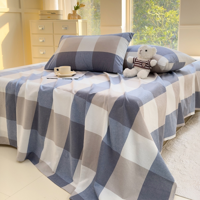 91家纺网 家纺一手货源 找家纺 柠萌家居 2025新款无印风全棉色织A类母婴级纯棉水洗棉床单 蓝大格