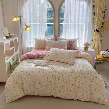 91家纺网 家纺一手货源 找家纺 仟网汇 2025新款针织双层纱AB版四件套 小欢喜