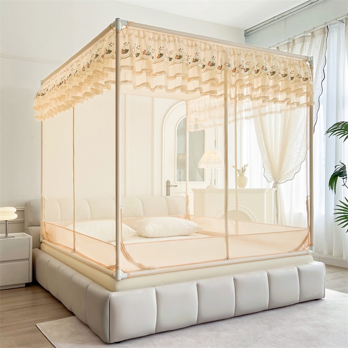 91家纺网 家纺一手货源 找家纺 青竹苑 2025新款紫荆花床笠式坐床防摔蚊帐 浅杏色