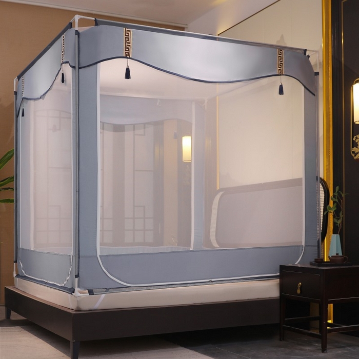 91家纺网 家纺一手货源 找家纺 青竹苑 2025新款外穿中式坐床全底防摔蚊帐 灰色