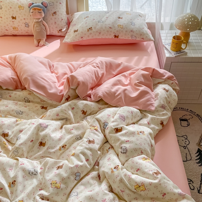 91家纺网 家纺一手货源 找家纺 仟网汇 2025新款针织双层纱AB版四件套 精灵花园