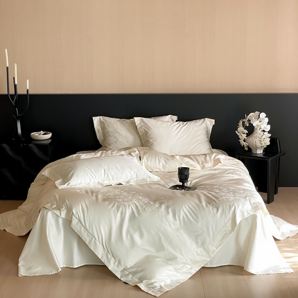 91家纺网 家纺一手货源 找家纺 窝米 2025春季新品100支长绒棉轻奢提花四件套系列 赫本-白百合