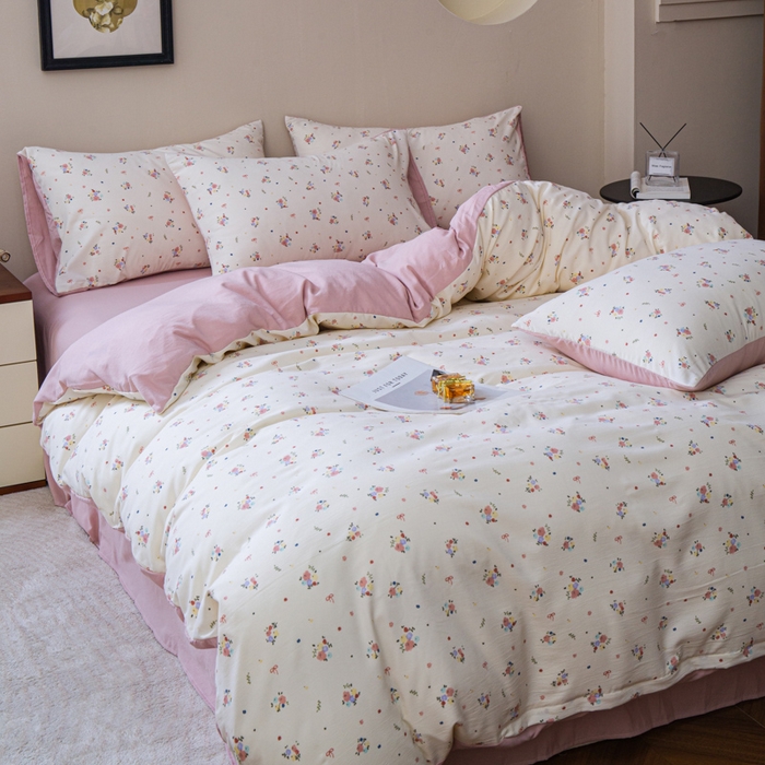 91家纺网 家纺一手货源 找家纺 斯卡诺家纺 2025新款针织天竺棉水洗棉四件套被套学生宿舍三件套床单款 小幸福