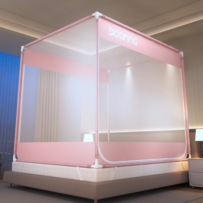 91家纺网 家纺一手货源 找家纺 青竹苑 2025新款双门全底外穿坐床式蚊帐儿童防摔防蚊拉链方帐 纯色字母-可爱粉