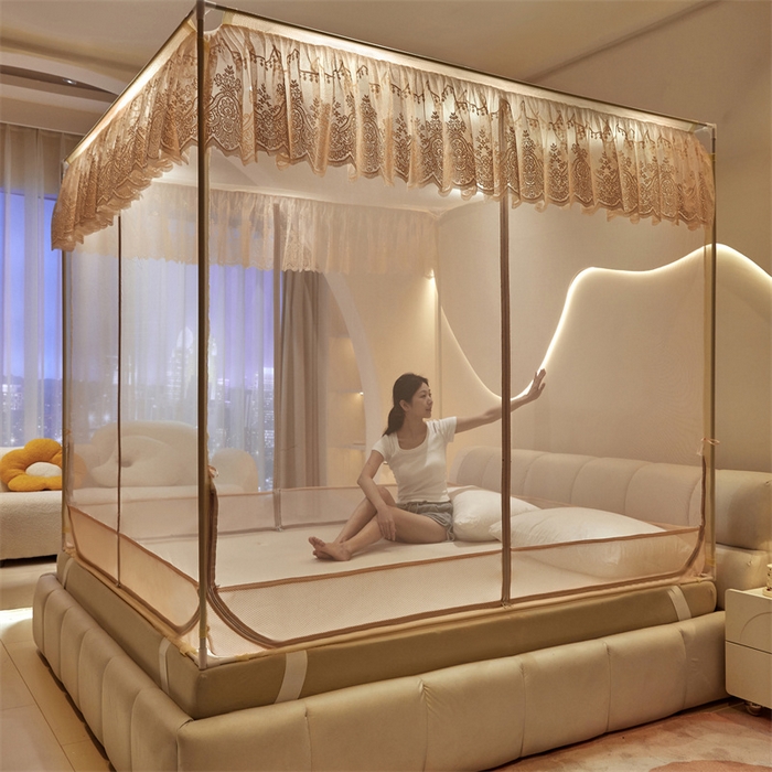 91家纺网 家纺一手货源 找家纺 青竹苑 2025新款花边TU拉链外穿全底坐床蚊帐 奶咖色