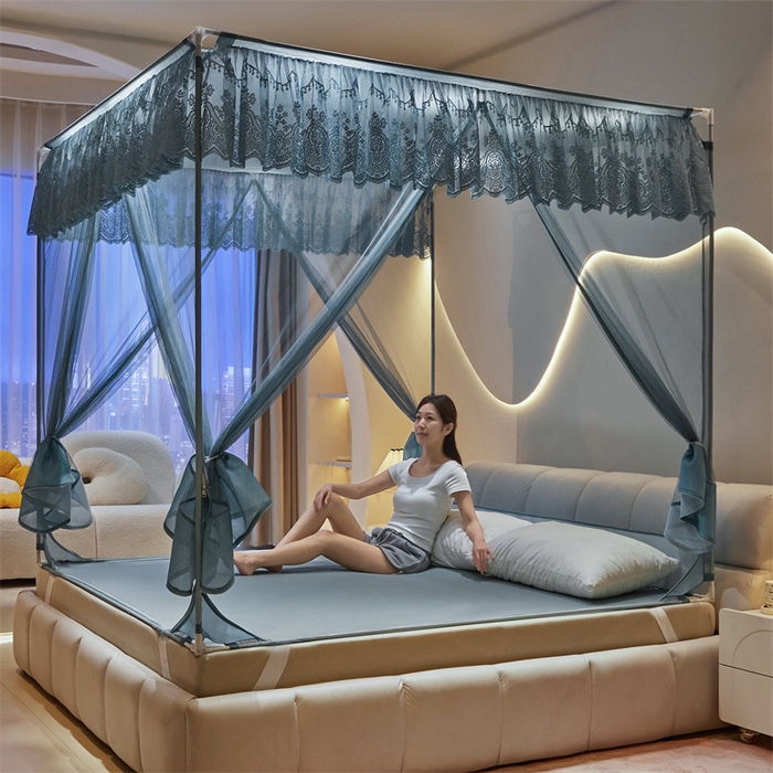 91家纺网 家纺一手货源 找家纺 青竹苑 2025新款花边TU拉链外穿全底坐床蚊帐 海洋蓝