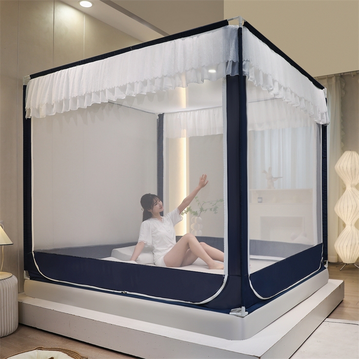 91家纺网 家纺一手货源 找家纺 青竹苑 2025新款双层雪纺边回底外穿坐床 宾利蓝