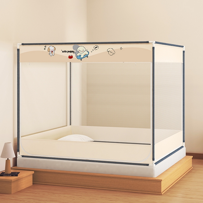 91家纺网 家纺一手货源 找家纺 青竹苑 2025新款三门大版上下布印花外穿坐床蚊帐床笠式防摔方帐 快乐修狗