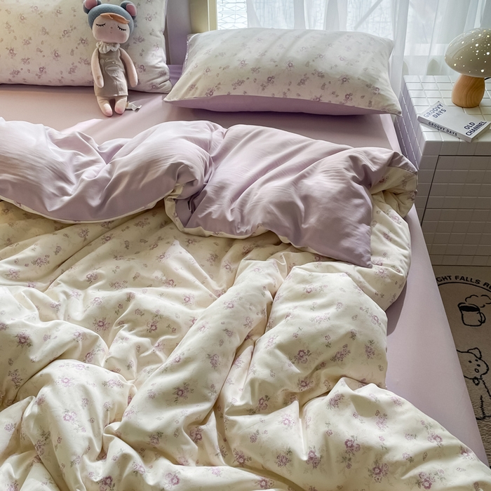 91家纺网 家纺一手货源 找家纺 仟网汇 2025新款针织双层纱AB版四件套 莱茵紫花