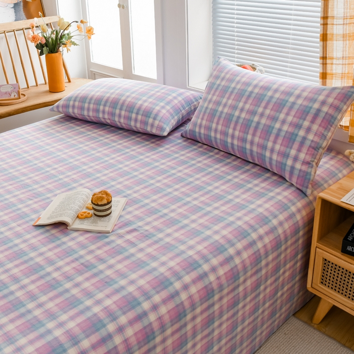 91家纺网 家纺一手货源 找家纺 柠萌家居 2025新款无印风全棉色织A类母婴级纯棉水洗棉床单 简爱紫格