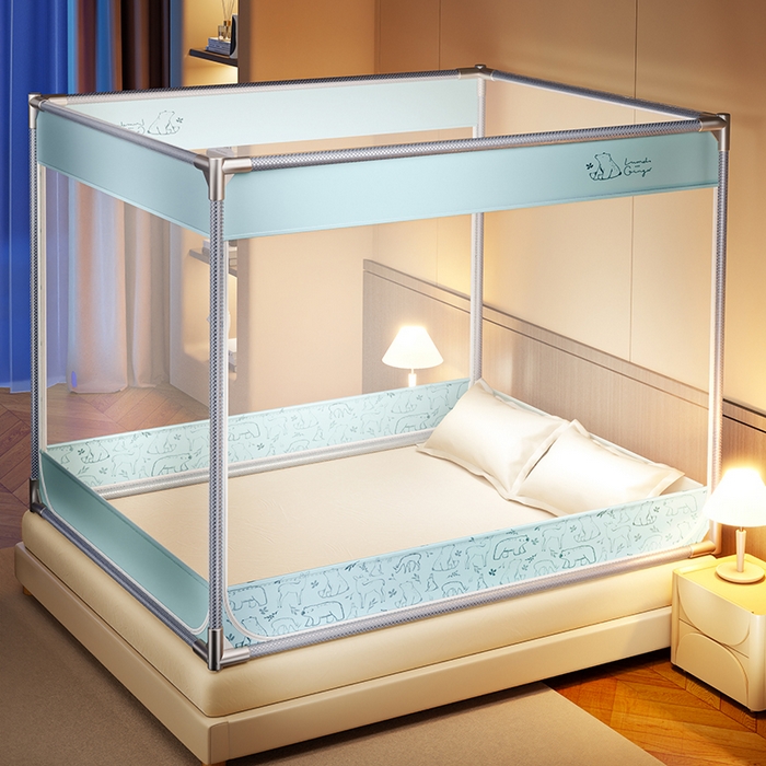 91家纺网 家纺一手货源 找家纺 青竹苑 2025新款三门大版上下布印花外穿坐床蚊帐床笠式防摔方帐 北极熊