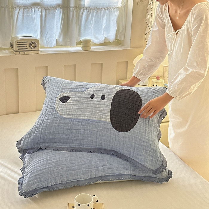 91家纺网 家纺一手货源 找家纺 （总）朴尔家纺-毛巾被 2025新款皱皱纱卡通大版花边全棉四层纱布枕巾