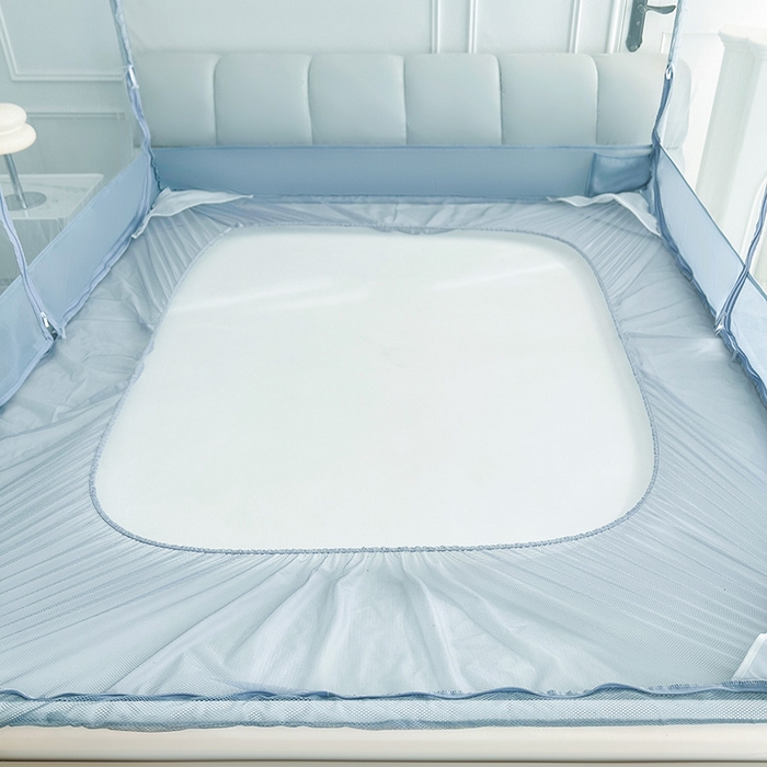 91家纺网 家纺一手货源 找家纺 青竹苑 2025新款紫荆花床笠式坐床防摔蚊帐 青春蓝