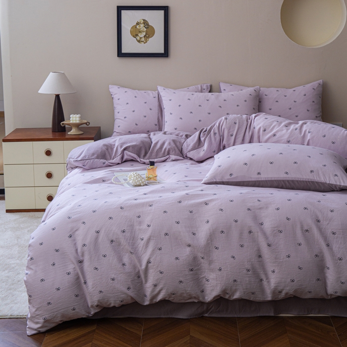 91家纺网 家纺一手货源 找家纺 利禾家纺 2025新款针织天竺棉水洗棉四件套被套学生宿舍三件套床单款 莫奈紫