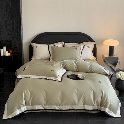 佳汐蓝家纺 2025新款100支澳棉刺绣拼接四件套-简 简-绿色