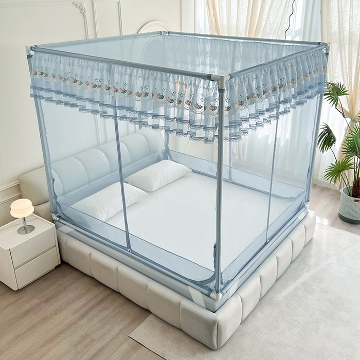 91家纺网 家纺一手货源 找家纺 青竹苑 2025新款紫荆花床笠式坐床防摔蚊帐 青春蓝