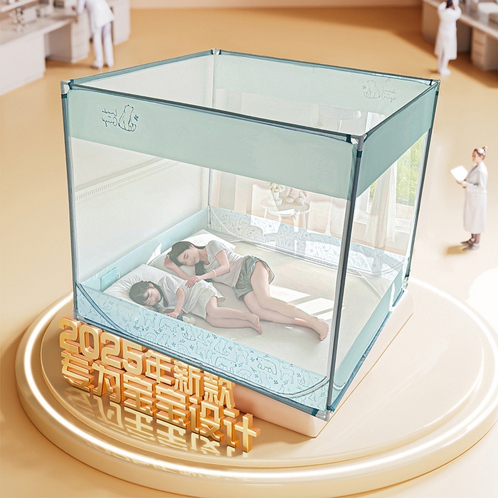 91家纺网 家纺一手货源 找家纺 青竹苑 2025新款三门大版上下布印花外穿坐床蚊帐床笠式防摔方帐 北极熊