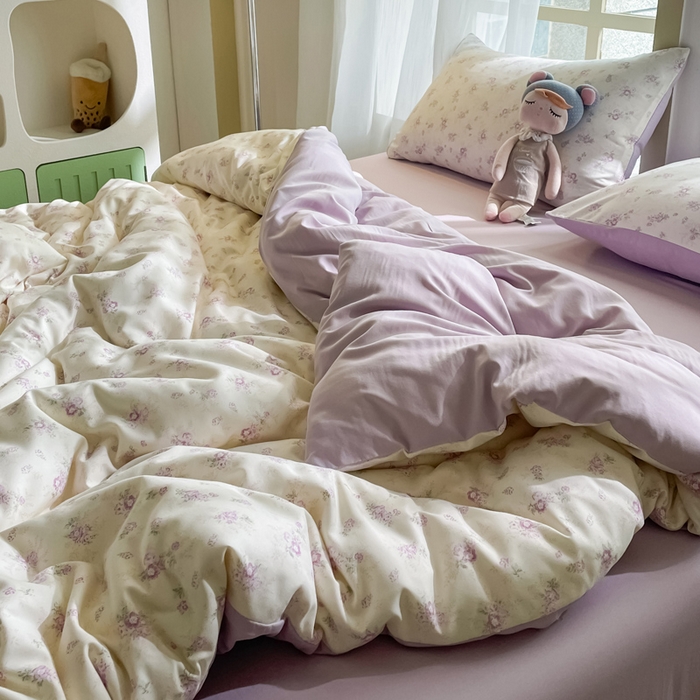 91家纺网 家纺一手货源 找家纺 仟网汇 2025新款针织双层纱AB版四件套 莱茵紫花