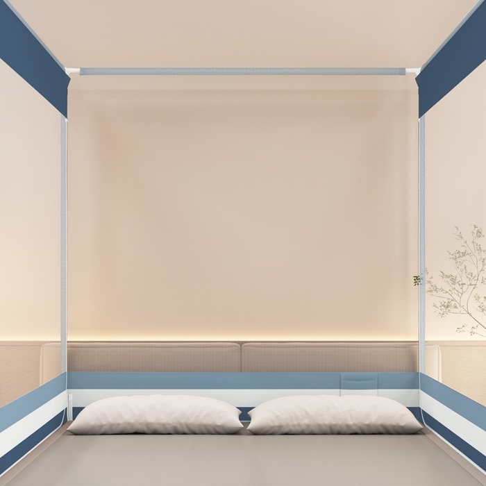 91家纺网 家纺一手货源 找家纺 青竹苑 2025新款双门全底外穿坐床式蚊帐儿童防摔防蚊拉链方帐 几何图案-黎明蓝