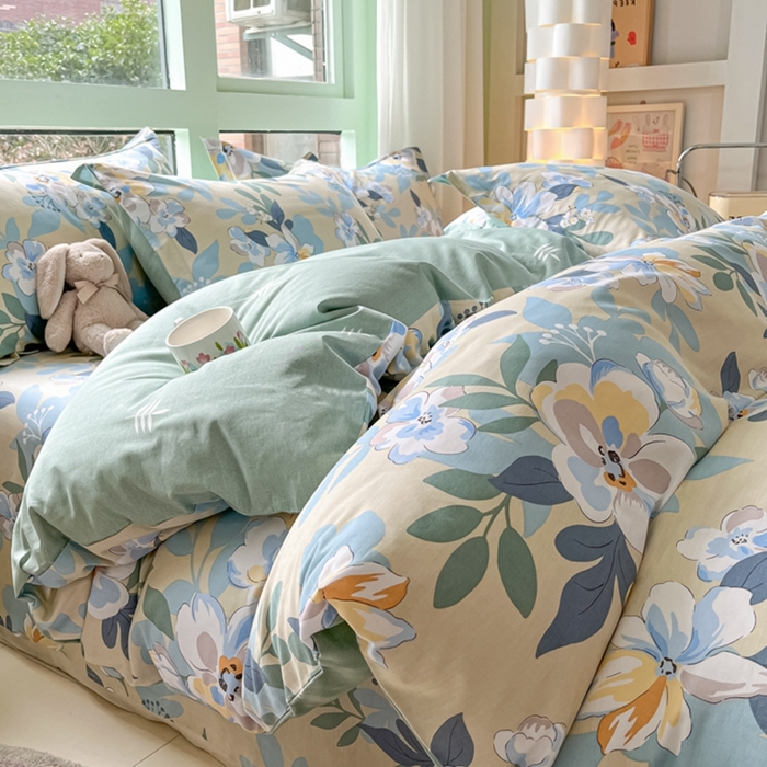 91家纺网 家纺一手货源 找家纺 菲梵家纺 2025新款喷气小清新全棉印花四件套（预留缩水）木棉花