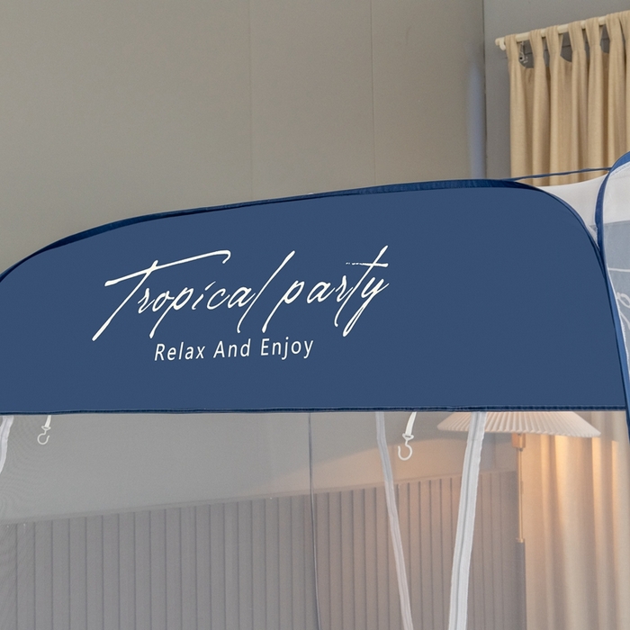 91家纺网 家纺一手货源 找家纺 青竹苑 2025新款免安装大顶魔术蚊帐布三角款 条纹蓝