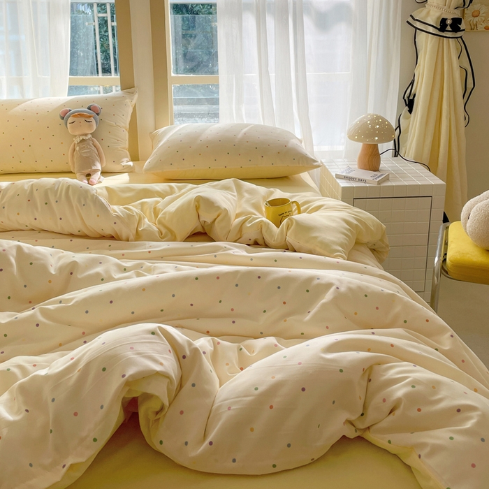 91家纺网 家纺一手货源 找家纺 仟网汇 2025新款针织双层纱AB版四件套 七彩波点