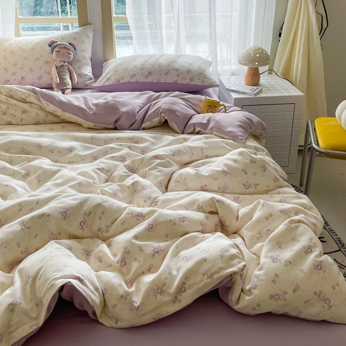 91家纺网 家纺一手货源 找家纺 仟网汇 2025新款针织双层纱AB版四件套 莱茵紫花