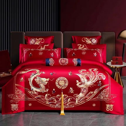 慕她家纺 2025新款全棉纯棉婚庆四件套大红色刺绣多件套 子孙满堂